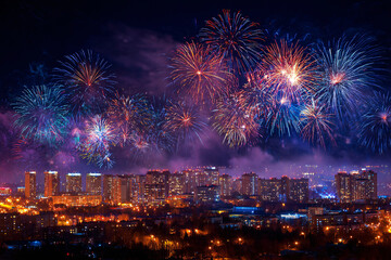New Year's Eve night sky with fireworks exploding over the city. Bright colors and a festive atmosphere. Cityscape view.
