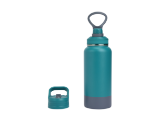 Teal insulated water bottle with a flip top lid isolated on transparent background