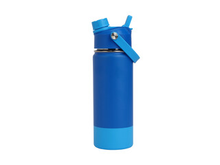 Blue water bottle with a straw isolated on transparent background