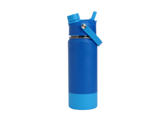 Blue water bottle with a straw isolated on transparent background