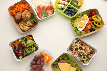 Healthy meal slimming diet plan daily ready menu background, organic fresh dishes and smoothie, fork knife on paper eco bag as food delivery courier service at home in office concept, close up view.