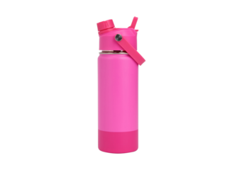 Pink water bottle with straw isolated on transparent background for hydration needs