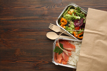 Healthy meal slimming diet plan daily ready menu background, organic fresh dishes and smoothie, fork knife on paper eco bag as food delivery courier service at home in office concept, close up view.
