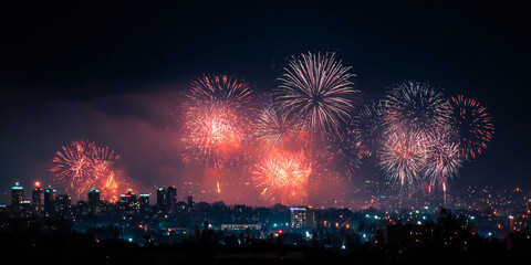 New Year's Eve night sky with fireworks exploding over the city. Bright colors and a festive atmosphere. Cityscape view.
