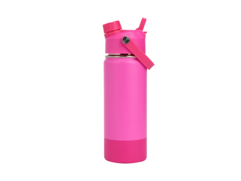Pink water bottle with straw isolated on transparent background for hydration needs