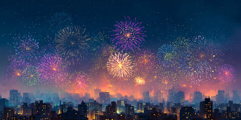 New Year's Eve night sky with fireworks exploding over the city. Bright colors and a festive atmosphere. Cityscape view.
