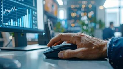 Close-up of a business person's hand using a computer mouse on a desk with a stock market graph displayed on the monitor, symbolizing financial analysis and investment - Powered by Adobe