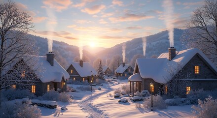 Cozy snow covered village at sunset with warm lights glowing from windows and smoke rising from chimneys