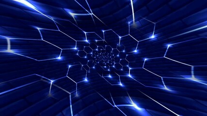 Digital Futuristic Blue Lights Hexagonal Tunnel With Ripple Light Wave Animation - Powered by Adobe