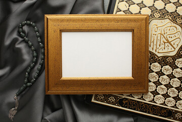 Book Quran Ramadan. Lantern for the Muslim holy month of Ramadan Karim. Decorative holiday lamp, Islamic prayer mat for namaz. Symbol of fasting sawm, white card, picture for your text