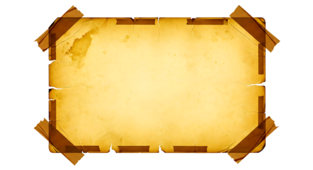 Aged parchment paper with torn edges and brown corner accents isolated on a black background perfect for vintage designs