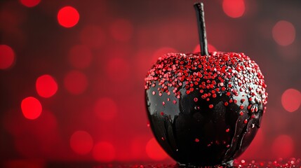 A tempting black caramel apple with red sprinkles against a festive red bokeh background, delicious treat