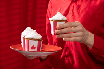 Canada Day traditional food concept. A girl in a classy cafe eats in Canada. Breakfast and lunch.