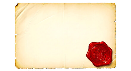 A blank aged parchment paper with a red wax seal in the corner on a black background evoking history and authenticity