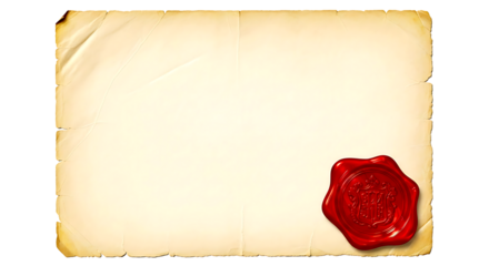 A blank aged parchment paper with a red wax seal in the corner on a black background evoking history and authenticity