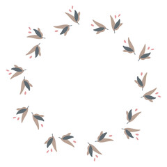 Vector round minimalist wreath with beige grey leaves and soft pink accents, perfect for cards, posters, packaging, invitations and elegant seasonal botanical compositions