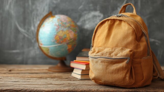 A warm toned backpack sits beside a stack of books and a globe in a quiet study area.