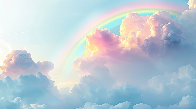 A Rainbow Over Fluffy Clouds: Pastel Dreamscape Nature Illustration, Serene Sky, Artistic Design - Powered by Adobe