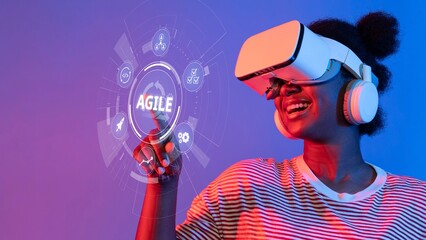 A joyful young woman explores virtual reality with a headset, highlighted by vibrant colors and agile graphical elements indicating dynamic interaction and discovery. Raster