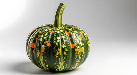 A Single Green and Orange Speckled Ornamental Gourd on a White Background pumpkin squash