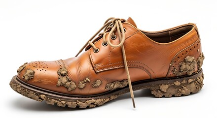 Brown Leather Oxford Shoe Covered in Mud and Dirt on White Background image photo