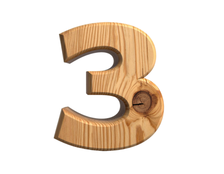 3d wooden number 3 on white background PNG