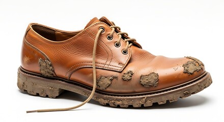 Mud- Covered Brown Leather Oxford Shoe with Untied Laces Keywords: shoe, footwear, brown, leather, oxford, lace-up, muddy, dirt, soil, mud, dirty, worn, used, outdoor, walking, hiking, work