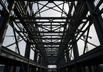 Naklejka premium Looking up through the intricate steel structure of a large bridge, revealing its complex engineering and geometric patterns against a bright sky