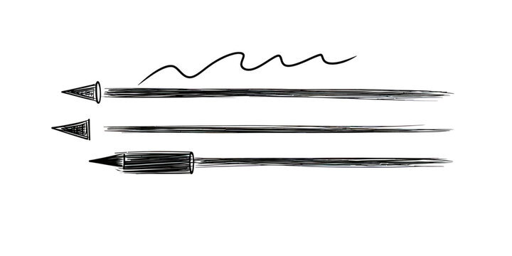 Set of three black hand drawn sketch style arrows with varied textured strokes and pointed triangular arrowheads isolated on white background vector illustration