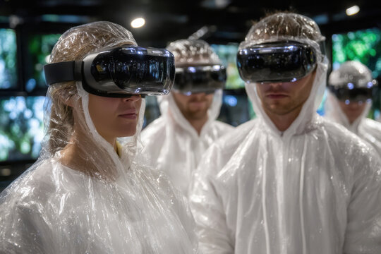 Group of people wearing virtual reality headsets in a futuristic environment