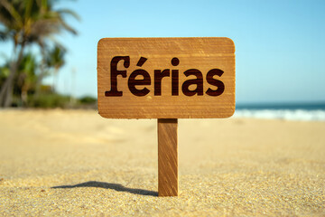 Wooden Sign with the Word &ldquo;F&eacute;rias&rdquo; on a Brazilian Beach