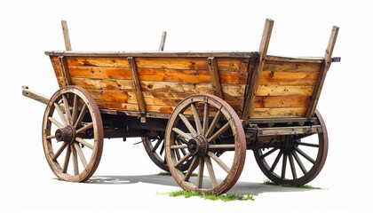 Fototapeta premium Old wooden wagon with spoked wheels and weathered texture on grassy patch for editorial rural photography vintage transport decor and poetic endurance-themed visuals