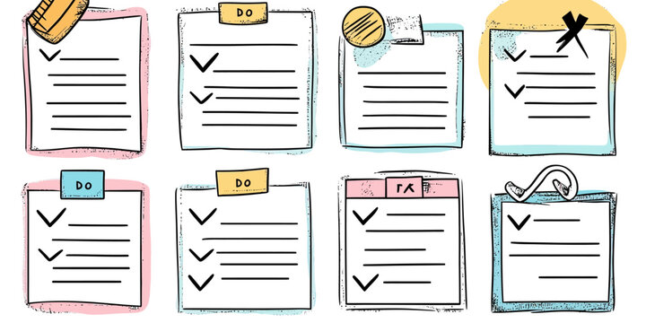 Hand drawn checklist sticky notes with check marks and decorative pins in flat minimalist doodle style for task organization and planning vector illustration - Powered by Adobe