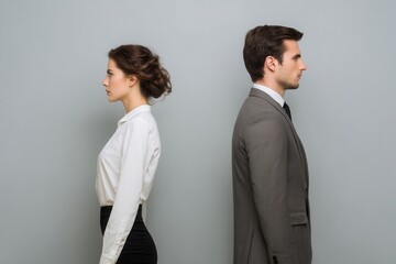 Silent Disconnect: A man and woman stand back-to-back, their profiles revealing an unspoken rift of strained relationship. Each face mirrors a different emotion of conflict.