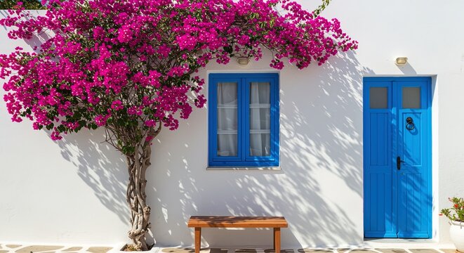 Fototapeta Greek Island Architecture with Bougainvillea building door window flowers pink white blue mediterranean bench exterior wall