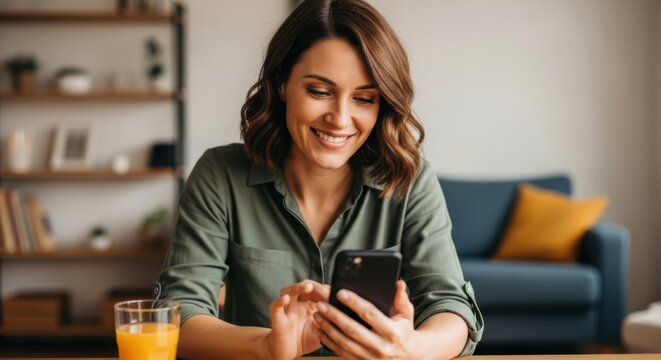 A smiling woman in her 30s wearing a green shirt, sitting at a wooden table with a glass of orange juice and using her smartphone, looking happy and relaxed - Powered by Adobe