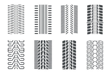 Illustration of eight different tire tread patterns on a white background surface