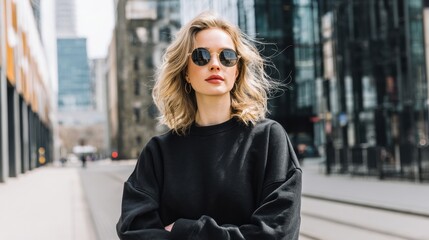 Obraz premium Young woman with wavy hair and sunglasses stands confidently on a vibrant urban street.