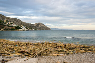 A sandy beach on an island in Greece is filled with a variety of debris brought by the waves of the sea. The concept of marine pollution, pollution of ocean water by plastic, garbage and human waste.