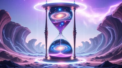A cosmic hourglass with swirling galaxies inside its bulbs stands on an alien landscape with glowing neon formations under a starry, purple sky - Powered by Adobe