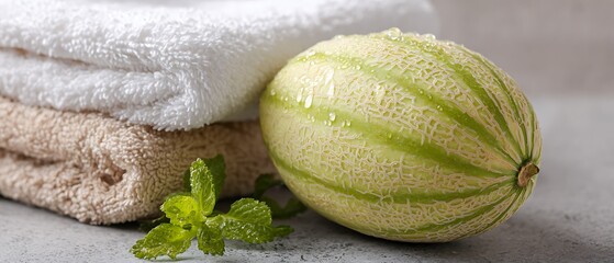 Playful Honeydew Melon Half with Applied Sheet Mask Under Soft Towel
