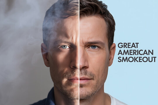 Before and after quitting smoking, compelling portrait contrasting healthy glow with smoke-filled face, celebrating freedom and a healthier future, motivation