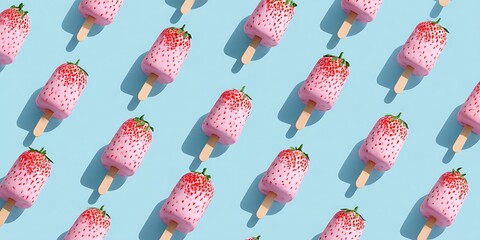 Playful Strawberry Flavored Ice Cream Design Pastel Blue Surface Isometric Flat Lay Minimal
