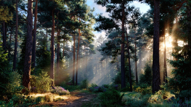 Misty forest at sunrise with soft golden light filtering through tall pine trees, tranquil mood, fine-art landscape style, natural colors with light fog