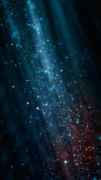 Dark gradient background with glowing particles drifting upward, cosmic ambience. Mobile phone wallpaper concept