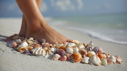 Seashells Beautifully Arranged on Woman's Smooth Leg Beach Sandy Setting
