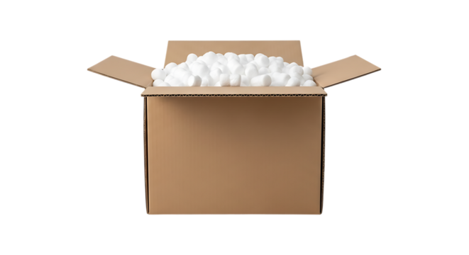 Open cardboard box, filled with white packing peanuts, PNG isolated on white or transparent background
