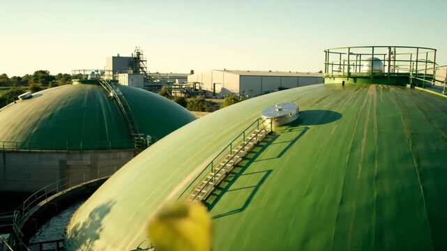 Harvesting biogas from large digester tank. Green dome tank at renewable energy plant. Industrial facility stores gas for energy supply. Foreground tree frames energy site. Sustainable fuel concept.