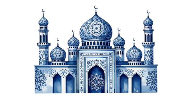 Intricate blue and white mosque architecture, with decorative domes and minarets, PNG isolated on white or transparent background