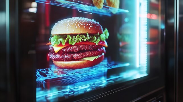 Close up of a double cheeseburger with fresh lettuce and tomato on display in a vending machine